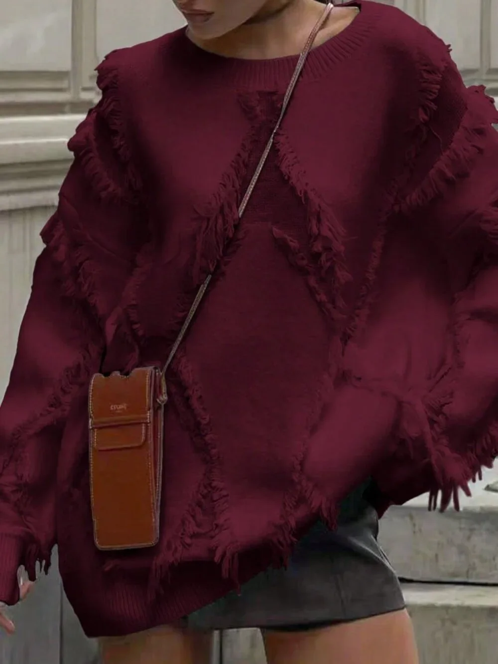 Burgundy Casual Women's Round Neck Loose Drop Shoulder Long Sleeve Pullover